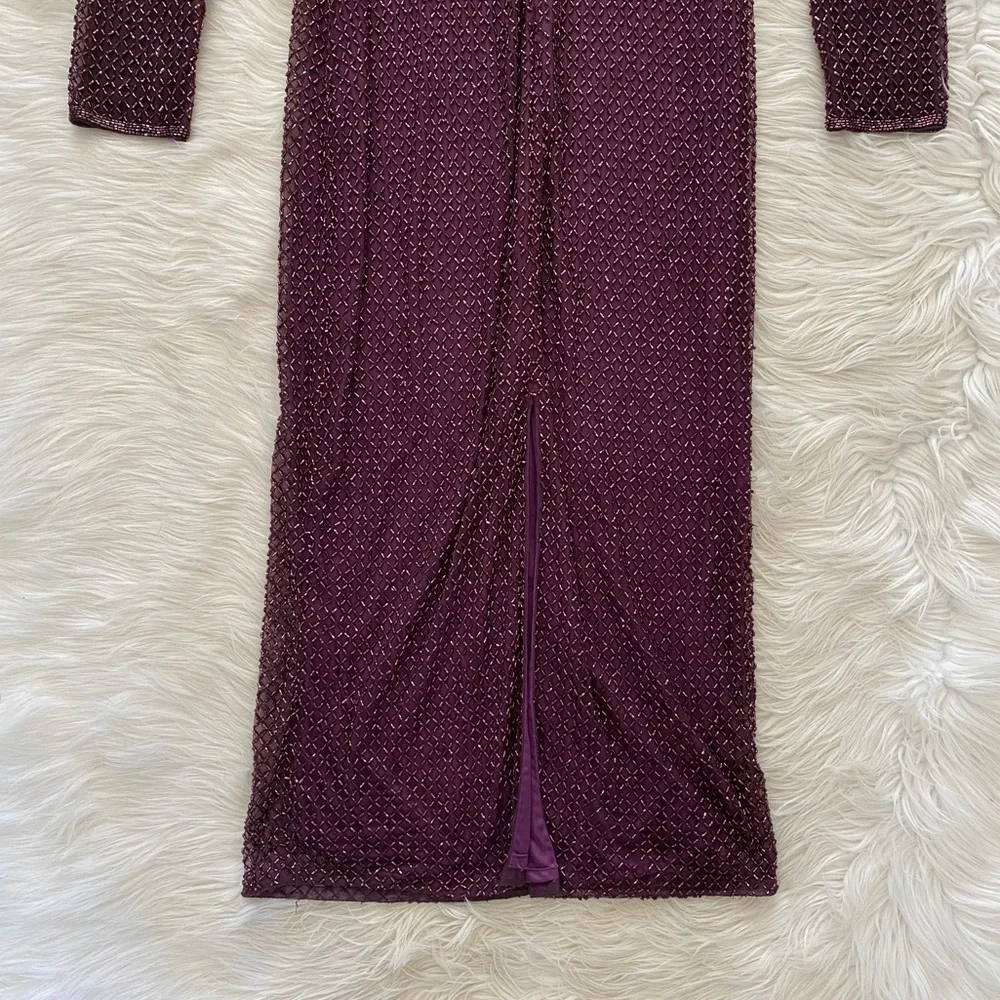 Mac Duggal Purple Plum Lattice Beaded Long Sleeve Modest Formal Midi Dress - Picture 12 of 16